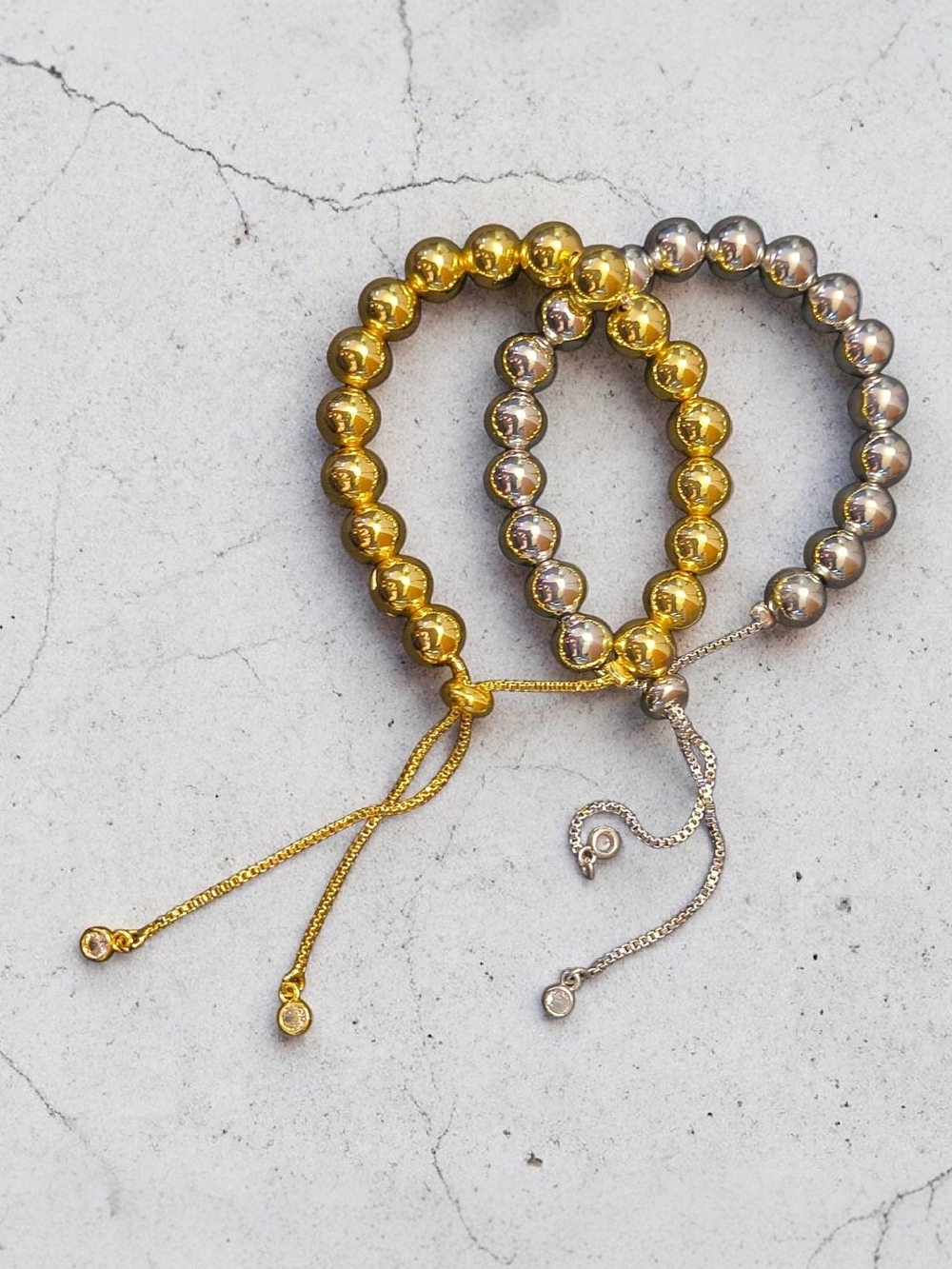 Adjustable Gold & Silver Beaded Bracelet Set Layered Ball Bead Bracelets OS